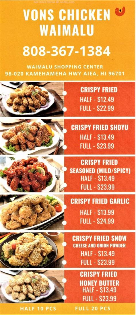 Labels: aiea, dining, fried <strong>chicken</strong>, hawaii, kfc, oahu, oahu dining, <strong>waimalu</strong>. . Vons chicken waimalu menu